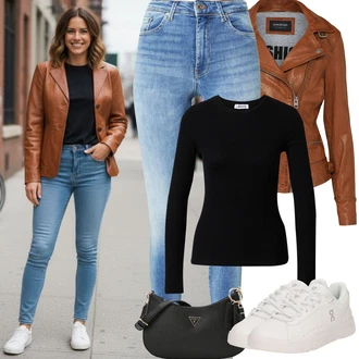 Styl 90tá léta Outfit s Světle modrá/Modrá Kožená bunda/High Waist Džínové Kalhoty/Push up Džín/Kožená Pánská Bund/Zimní bunda/Džíny s Rozparkem/Kotníková Bota/Navlékací džíny/Džíny s Dírou/Kožené Boty VERO MODA "Jarní Outfit"Look: Styl, Emo, 90tá léta, Cool, Krásný, Old Money, Bezešvé