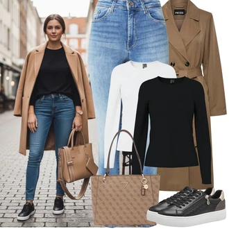 Outfit s Černá/Béžová Bota Teniska se Třpytkami/Úzká teniska/Tenisky s Bočním Zipem/Teniska na platformě/Teniska s dírkovaným vzorem/Kožené tenisky/Nízká Teniska Tamaris "Jarní Outfit"