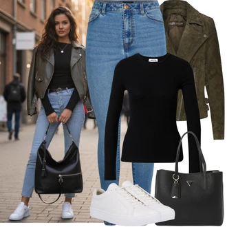 Styl Outfit s Modrá/Světle modrá Kožená bunda/High Waist Džínové Kalhoty/Push up Džín/Zimní bunda/Kožené Boty Pieces "Jarní Outfit"