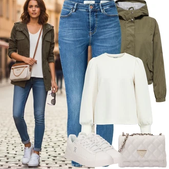 Styl Outfit s Modrá/Světle modrá Dámské Džíny s Délkou 7/8/Capri Džíny/Slim Fit Džíny/High Waist Džínové Kalhoty/Push up Džín/Zimní bunda/Džíny s Rozparkem/Zkrácené Džíny/Kotníková Bota/Navlékací džíny/Kožené Boty Guess "Jarní Outfit"