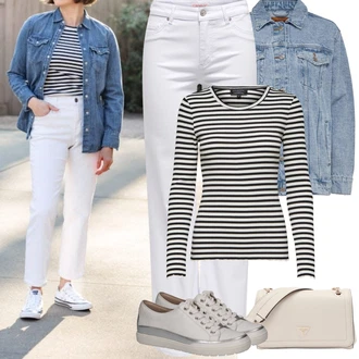 Plavání Outfit s Fialová/Hnědá/Černá/Bílá/Tmavě modrá Pruhované Tričko SELECTED FEMME/Selected "Jarní Outfit"Look: Plavání