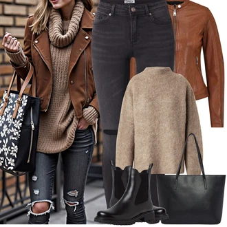 Outfit s Černá Bota Chelsea Boty/Kožená bunda Tamaris "Jarní Outfit"