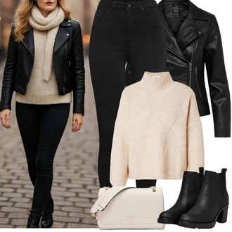 Outfit s Černá Kotníková Bota s Podšívkou/Kožená Kotníková Bota/Chelsea Boty/Gumová Kotníková Bota/Kožená bunda Only "Jarní Outfit"