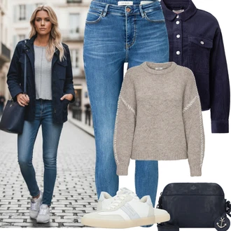 Styl 90tá léta Outfit s Modrá/Světle modrá Dámské Džíny s Délkou 7/8/Capri Džíny/Slim Fit Džíny/High Waist Džínové Kalhoty/Push up Džín/Zimní bunda/Džíny s Rozparkem/Zkrácené Džíny/Kotníková Bota/Navlékací džíny/Kožené Boty Guess "Jarní Outfit"Look: Styl, 90tá léta, Cool, Disko, Old Money