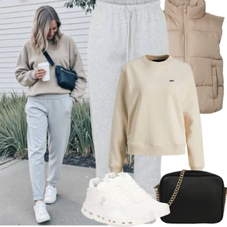 Outfit s Béžová/Khaki/Hnědá/Oranžová Sportovní mikina/Fleecová Mikina/Kožená bunda jjxx, Černá/Bílá/Růžová Taška/Klasická Taška Přes Rameno/Malá Taška/Brašna/Sportovní Taška Přes Rameno About You "Jarní Outfit"