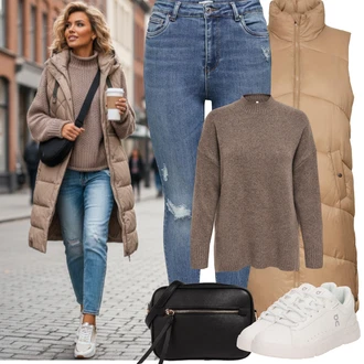 Outfity z džínu Zima s Hnědá/Khaki/Béžová Dlouhé bundy/Bunda na přetažení přes hlavu/Puchová Bund/Nafukovací Bund/Letní peřová bunda VERO MODA "Jarní Outfit"