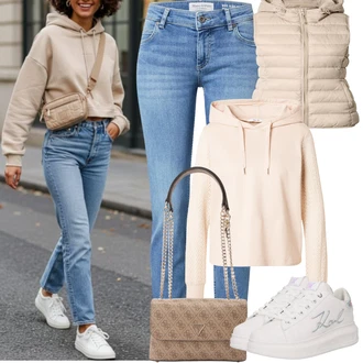 Ke kolenům Outfit s Bílá/Krémová Úzká teniska/Teniska teddy/Teniska na platformě/Kožené tenisky/Nízká Teniska/Letní tenisky karl lagerfeld "Jarní Outfit"