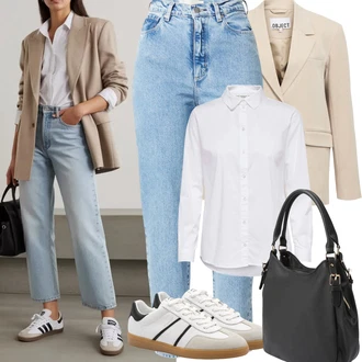 Baseball Outfit s Bílá/Krémová Halenkové Body/Halenka se Stojatým Límcem/Halenka Slim Fit/Blůza s knoflíčkem/Businessová Halenka/Halenka s Dlouhým Rukávem/Žehlení odolná blůza JdY "Jarní Outfit"Look: Baseball, Pracovní, Na Procházku