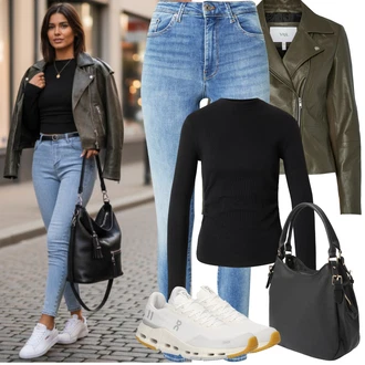 Styl Outfit s Světle modrá/Modrá Kožená bunda/High Waist Džínové Kalhoty/Push up Džín/Kožená Pánská Bund/Zimní bunda/Džíny s Rozparkem/Kotníková Bota/Navlékací džíny/Džíny s Dírou/Kožené Boty VERO MODA "Jarní Outfit"
