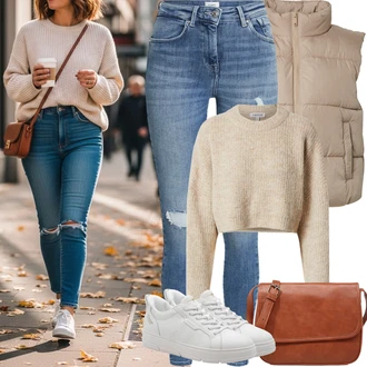 s tlačítkem Outfit s Hnědá/Béžová Bagetová taška/Taška/Klasická Taška Přes Rameno/Taška Na Notebook/Kancelářská Taška/Brašna/Sportovní Taška Přes Rameno About You "Jarní Outfit"