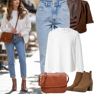 s tlačítkem Outfit s Hnědá/Béžová Bagetová taška/Taška/Klasická Taška Přes Rameno/Taška Na Notebook/Kancelářská Taška/Brašna/Sportovní Taška Přes Rameno About You "Jarní Outfit"