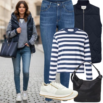 Plavání Outfit s Modrá/Světle modrá/Tmavě modrá Pruhované Tričko Selected "Jarní Outfit"Look: Volný čas, Plavání