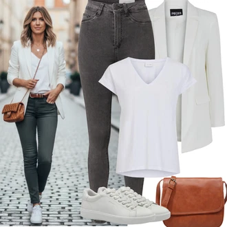 s tlačítkem Outfit s Hnědá/Béžová Bagetová taška/Taška/Klasická Taška Přes Rameno/Taška Na Notebook/Kancelářská Taška/Brašna/Sportovní Taška Přes Rameno About You "Jarní Outfit"