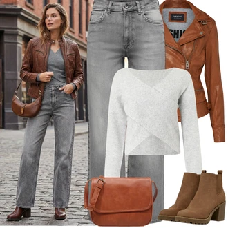 Outfit s Hnědá/Růžová/Tmavě Hnědá Oakwood, Hnědá/Béžová Bagetová taška/Taška/Klasická Taška Přes Rameno/Taška Na Notebook/Kancelářská Taška/Brašna/Sportovní Taška Přes Rameno About You "Jarní Outfit"