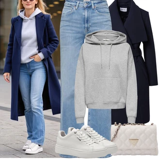 Outfit s Šedá/Krémová/Bílá/Stříbrný Teniska na platformě/Nízká Teniska/Kožené Tenisky/Úzká Teniska Tamaris "Jarní Outfit"