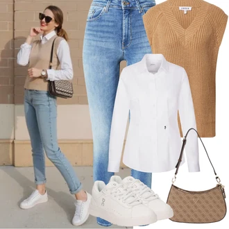 Outfit s Béžová/Hnědá Jemně Pletený Svetr/Moderní Svetrová Vest Edited "Jarní Outfit"