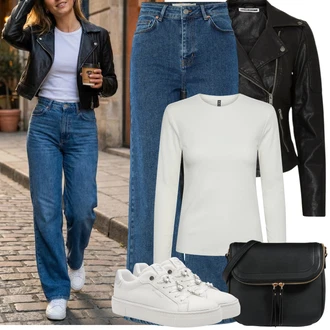 Přechodné Outfit s Černá/Tmavě zelená Motorkářská bunda/Motorkářské Bund/Kožené Bund Bunda z Umělé Kůže Noisy may "Jarní Outfit"