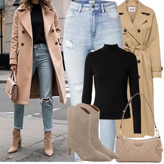 Outfit s Hnědá/Béžová/Šedá Kotníková Bota s Podšívkou/Westernová Kotníková Bota/Kovbojská Kotníková Bota/Vintage Kotníková Bota/Klasická kozačka/Kotníková Bota Na Podpatku/Letní kotníková kozačka/Špičatá Kozačka About You "Jarní Outfit"