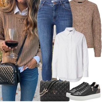 Outfit s Hnědá/Béžová/Fialová Svetr s copánkovým vzorem/Jednoduchý Svetr/Hrubě pletený svetr/Mohair Pullover/Zimní Svetr/Vlněný Svetr/Pletený Svetr/Norský Svetr Pieces "Jarní Outfit"