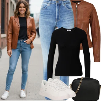 Styl Outfit s Světle modrá/Modrá Kožená bunda/High Waist Džínové Kalhoty/Push up Džín/Kožená Pánská Bund/Zimní bunda/Džíny s Rozparkem/Kotníková Bota/Navlékací džíny/Džíny s Dírou/Kožené Boty VERO MODA "Jarní Outfit"