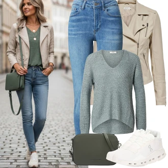 Outfit s Khaki/Hnědá/Béžová Kožené Bund Bunda z Umělé Kůže/Motorkářská bunda/Motorkářské Bund/Bunda s Bočním Zipem Only "Jarní Outfit"