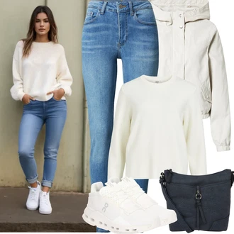 Outfit s Bílá/Světle zelená/Krémová/Khaki/Béžová Sveter Basic Svetr/Svetr Carmen/Kašmírový Svetr/Jednoduchý Svetr/Kašmírový Svetr Object "Jarní Outfit"