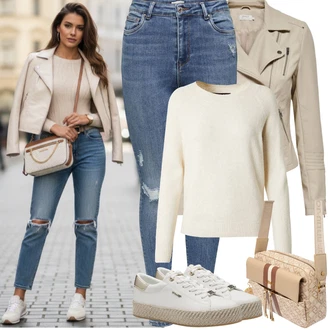 Styl Outfit s Modrá/Světle modrá Dámské Džíny s Délkou 7/8/Kožená bunda/High Waist Džínové Kalhoty/Push up Džín/Džíny s Rozparkem/Zkrácené Džíny/Kožené bundy/Kotníková Bota/Džíny s Dírou Only "Jarní Outfit"