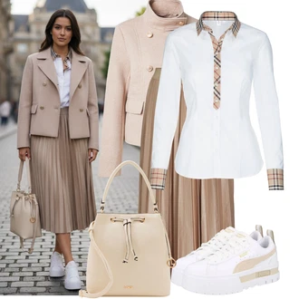 Kůže Outfit s Bílá/Šedá/Béžová Nízká Teniska/Teniska na platformě Puma "Hezký jarní outfit"