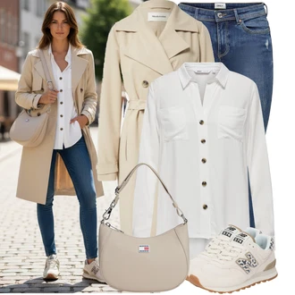 Baseball Outfit s Šedá/Krémová/Bílá/Khaki Blůza s nášivkou na lokti/Halenka s Dlouhým Rukávem/Blůza s knoflíčkem Only "Hezký outfit pro volný čas"Look: Na Procházku, Volný čas, Baseball