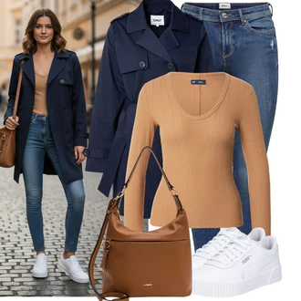 Outfit s Modrá/Tmavě modrá/Světle modrá Kožená bunda/Navlékací džíny/Kožené bundy/Džíny s Nízkým Sedem/Džín s Nízkým Pasem/Džíny s Dírou/Džíny s Rozparkem/Push up Džín/Kožené Boty/Kotníková Bota Only "Jedinečný volnočasový outfit"