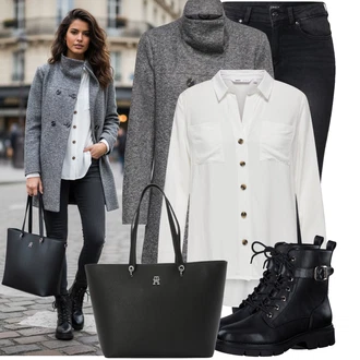 Outfit s Šedá/Krémová/Bílá/Khaki Blůza s nášivkou na lokti/Halenka s Dlouhým Rukávem/Blůza s knoflíčkem Only "Jedinečný volnočasový outfit"