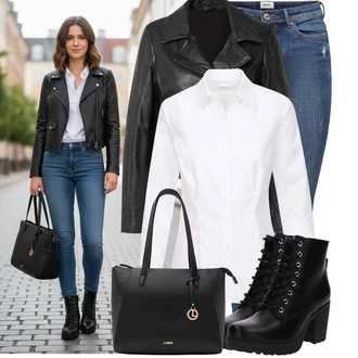 Katoen Bavlna Outfit s Bílá/Krémová Halenka Žehlení odolná blůza/Halenka Slim Fit/Blůza s knoflíčkem/Businessová Halenka About You "Jedinečný volnočasový outfit"