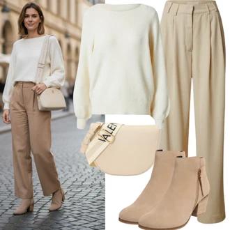 Velike velikosti outfit mit Bež/Khaki/Rjava Usnjena Jakna/Klasični škorenj/Bojni Škorenj/Gležnar na Vezalke/Gumijasti Gležnar boto, Bež/Rjava/Črna/Bela/Škrlatna/Khaki/Zelena Obleka Hlača/Poslovna Hlača/Bootcut Hlača/Hlača z Razporkom/Ravna Hlača/Razširjena Hlača/Slim Hlača Weekend Max Mara "Jesenski videz"