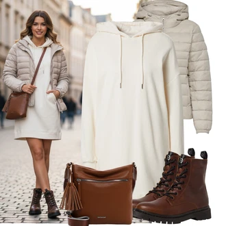 Outfit s Béžová/Hnědá/Khaki/Bílá Mikinové Šaty/Svetrové Šaty About You "Módní zimní outfit"