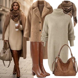 Móda pro plnoštíhlé Outfit s Béžová/Hnědá/Khaki Halenkové Šaty/Sakové Šaty/Manšestrové Šaty/Šaty s Páskem/Zimní šaty s dlouhým rukávem/Občanské šaty/Šaty s dlouhým rukávem/Košilové šaty Mango "Módní zimní outfit"