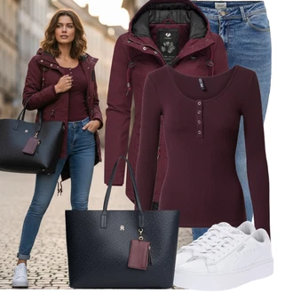 Outfity z džínu Zima s Červená/Vínová/Růžová/Tmavě červená/Fialová Bunda s Kapucí/Letní Bund/Funkční Bunda/Vosková Bunda/Parka Přechodová Bund/Jarní bunda/Plachtařská bunda/Trekingová bunda/Ripstop bunda/Parka/Podzimní bunda/Outdoorové Bundy Ragwear "Módní zimní outfit"