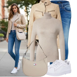 Outfit s Modrá/Tmavě modrá Kožená bunda/Push up Džín/Kožené Boty/Slim Fit Džíny/Zimní bunda/Džín s Nízkým Pasem/Kotníková Bota/Motorkářské Džíny/Džíny s Nízkým Sedem LTB "Nonšalantní look pro volný čas"