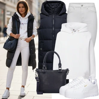 Kůže Outfit s Bílá/Krémová/Zlatý Teniska Kožené Tenisky/Nízká Teniska/Úzká Teniska Tommy Hilfiger "Podzimní oblečení"