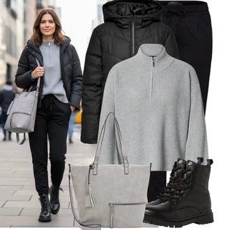 Lumberjack Outfit s Černá Šněrovací Kotníková Bota/Klasická kozačka/Motorkářská bota/Bojová Bota/Šněrovací Kozačka Tamaris "Pohodlné zimní outfity"