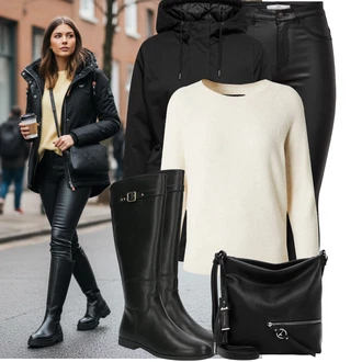 Outfit s Černá Kalhoty z Umělé Kůže/Legíny Kožený Vzhled/Kožený Legíny/Vinylový Legín/Kožená Kalhoty/Skinny Kalhoty JdY "Pohodlné zimní outfity"