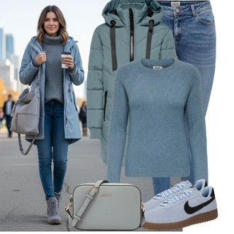 Outfit s Modrá/Světle modrá/Tmavě modrá Push up Džín/Džín s Nízkým Pasem/Kožené Boty/Navlékací džíny/Kotníková Bota/Džíny s Nízkým Sedem/Kožená bunda/Zimní bunda Only "Pohodlné zimní outfity"