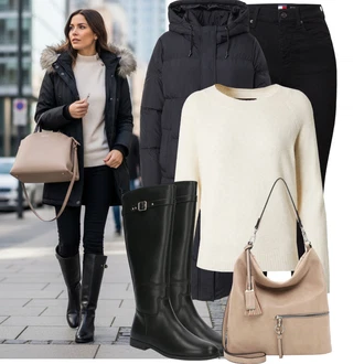 Jednobarevný Outfit s Černá Dlouhý Péřový Kabát/Péřový Kabát/Dlouhý Zimní Kabát Only, Šedá/Béžová/Hnědá Taška Přes Rameno/Shopper taška/Velká taška/Taška/Brašna/Sportovní Taška Přes Rameno Tamaris "Pohodlné zimní outfity"