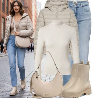 Outfity s kotníkovými botami s Béžová/Hnědá/Khaki Prošívaná Bunda/Puchová Bund/Udržitelná bunda/Letní peřová bunda/Péřová Bunda/Zimní Bund/Nafukovací Bund/Bunda s Kapucí Only, Béžová/Hnědá/Krémová/Bílá/Khaki Roláková Košile Edited, Hnědá/Béžová/Khaki Chelsea Boty/Plochá Kotníková Bota/Kožená bunda/Gumová Kotníková Bota/Kotníková Bota s Podšívkou About You "Pohodlné zimní outfity"