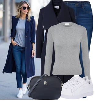 Jednobarevný Outfit s Modrá/Světle modrá/Tmavě modrá Kožená bunda/Push up Džín/Slim Fit Džíny/Džíny s Nízkým Sedem/Džín s Nízkým Pasem/Zimní bunda/Kožené Boty/Kotníková Bota Noisy may, Krémová/Bílá Úzká teniska/Kožené tenisky/Nízká Teniska Puma, Tmavě modrá/Modrá Pánská taška/Taška/Brašna/Cestovní Taška/Klasická Taška Přes Rameno/Malá Taška/Sportovní Taška Přes Rameno/Taška Přes Rameno Tommy Hilfiger "Pohodlné zimní outfity"