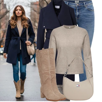 Outfit s Modrá/Světle modrá/Tmavě modrá Push up Džín/Džín s Nízkým Pasem/Kožené Boty/Navlékací džíny/Kotníková Bota/Džíny s Nízkým Sedem/Kožená bunda/Zimní bunda Only "Pohodlné zimní outfity"