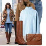 Hnědé a Modré Kožené Bundy Outfity image