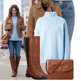 Jednobarevný Outfit s Modrá/Světle modrá/Tmavě modrá Push up Džín/Džín s Nízkým Pasem/Kožené Boty/Navlékací džíny/Kotníková Bota/Džíny s Nízkým Sedem/Kožená bunda/Zimní bunda Only, Šedá/Hnědá/Khaki/Béžová Bunda s Bočním Zipem/Kožená vintage bunda/Bunda z Umělé Kůže/Motorkářské Bund/Kožené Bund/Motorkářská bunda Freaky Nation, Červená/Hnědá/Béžová Jezdecká Bota/Vintage kozačka/Dlouhá Kozačka/Kozačka po Kolena/Kozačka se zipem/Bota se širokým nohavici About You "Pohodlné zimní outfity"