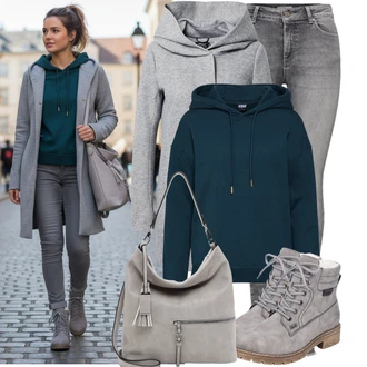 Dlouhé Outfit s Tmavě zelená/Zelená/Tyrkysový Svetr S Kapucí/Pletená mikina s kapucí/Sportovní mikina/Sportovní mikina/Vintage mikina/Originální mikina About You "Pohodlné zimní outfity"