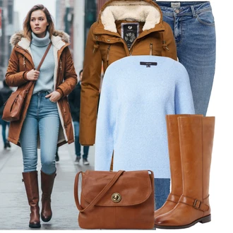 Outfity z džínu Zima s Hnědá/Béžová/Oranžová/Khaki Zimní Parka/Parka Přechodová Bund/Vosková Bunda/Podzimní bunda/Outdoorové Bundy/Bundeswehr Parka Ragwear, Světle modrá/Modrá Jednoduchý Svetr/Mohair Pullover/Basic Svetr/Kašmírový Svetr/Vlněný Svetr/Svetr z Jemné Pleteniny VERO MODA "Pohodlné zimní outfity"