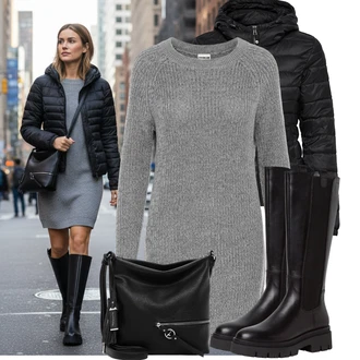 Kovbojka Outfit s Černá Kozačka Ovčí Kožešinová Bota/Bota na Platformě/Jezdecká Bota/Dlouhá Kozačka/Klasická Kozačka/Kozačka po Kolena/Bota se širokým nohavici/Kozačka se zipem Tamaris "Pohodlné zimní outfity"Look: Kovbojka, Egirl, Punk